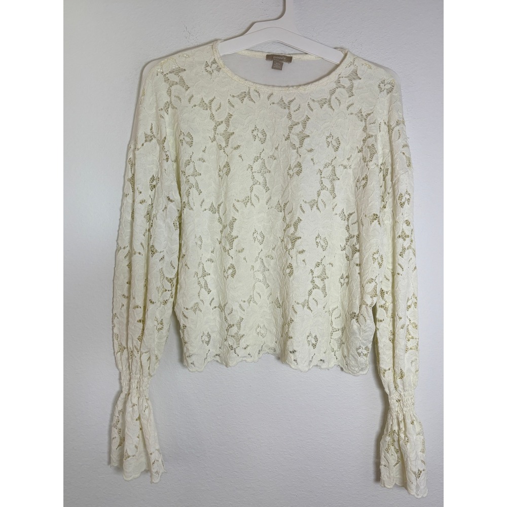 Pointelle Cream Floral Lace Bell Sleeve Top Crew Neck Blouse Medium